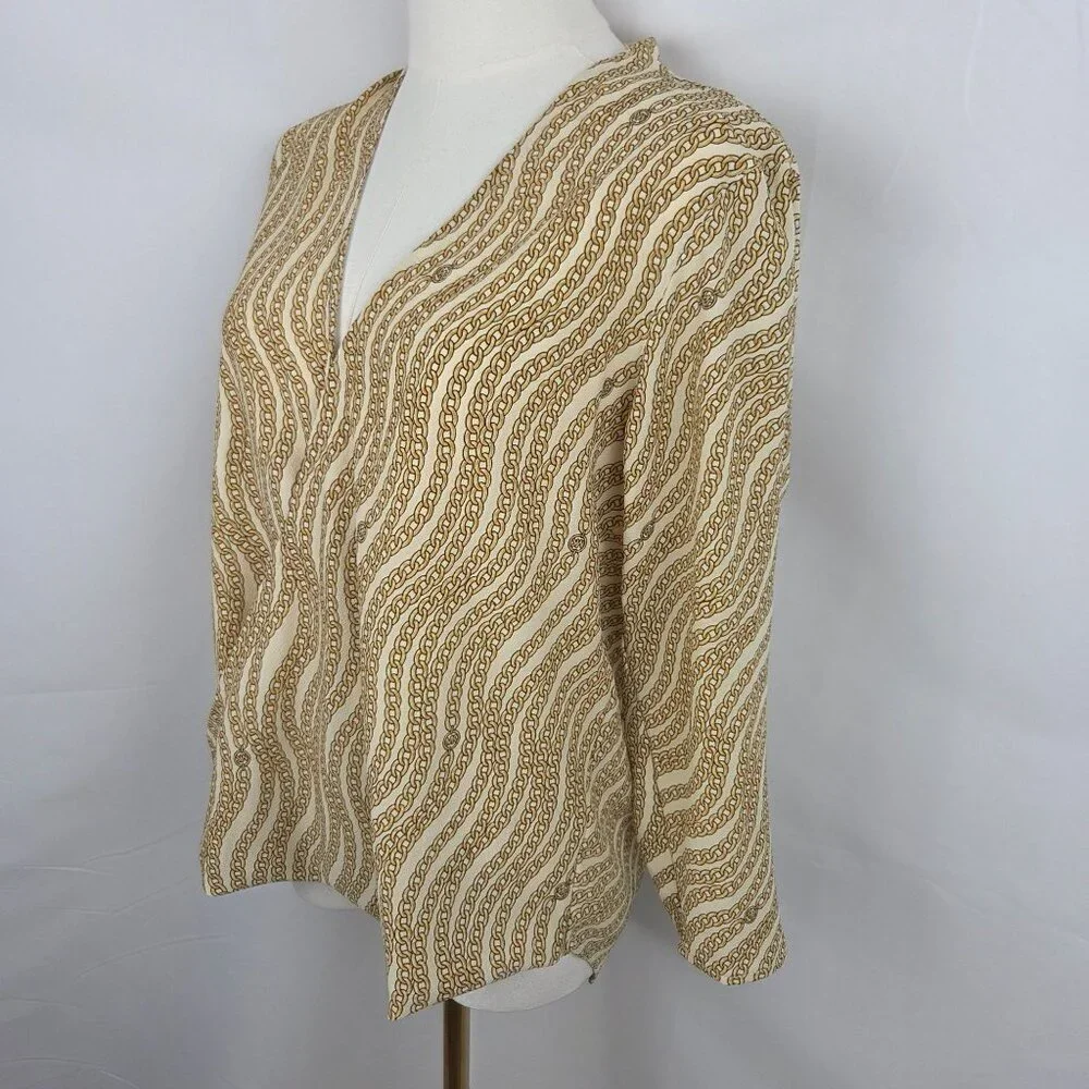 Michael‎ Kors Gold Chain Print Blouse Size Medium Gold Long Sleeve Equestrian